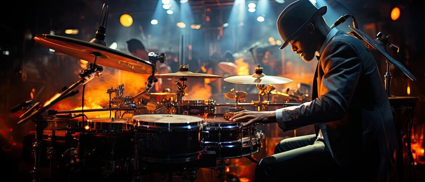 Jazz drummer performing jazz, jam session in a nightclub