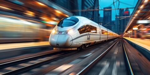 High-speed fast train passenger locomotive in motion at the railway station, the city is background - obrazy, fototapety, plakaty