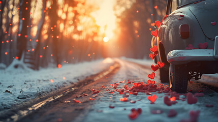 Red decorated vintage car in motion carrying Valentine's hearts in a winter countryside with snow cover in sunset backlight. - obrazy, fototapety, plakaty
