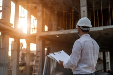 Smart Engineer Construction manager in white helmet looking clipboard or blueprint inspection building at new home construction site
