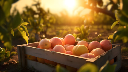 Grapefruits harvested in a wooden box with orchard and sunshine in the background. Natural organic fruit abundance. Agriculture, healthy and natural food concept. Horizontal composition.