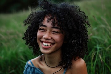 Young African American woman with curly hair laughing outdoors.