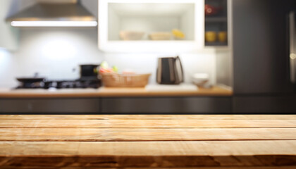 empty table board and defocused modern kitchen background. product display concept