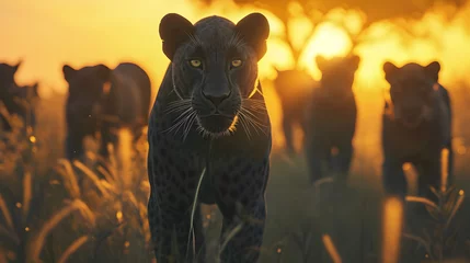 Foto op Plexiglas Black panthers standing in the savanna with setting sun shining. Group of wild animals in nature. © linda_vostrovska