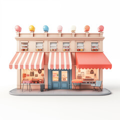 Charming 3D-Rendered Orange Bakery Shop A digital illustration of a quaint, 3D-rendered bakery shop in vibrant orange hues, featuring outdoor seating and fresh produce.