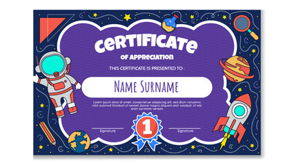 Fun Colorful Certificate Template for Kids. Space Theme Certificate.