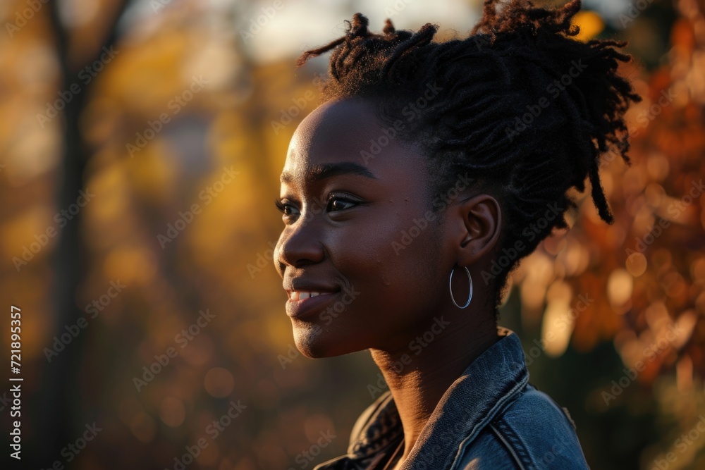 Wall mural smiling young black woman in outdoor portrait