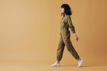 Cheerful woman with wavy hairdo walking on beige background.