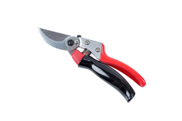 Steel gardening secateurs, scissors tool with red and black grip for pruned of plants and flowers garden work, isolated on white background. Close state. Top view.