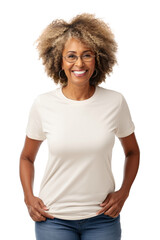 A happy senior afro-american woman wearing a blank white t-shirt for mockup, isolated on transparent background - 721896106