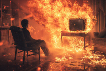 A person sitting calmly in a chair in a room caught on fire. A meme scene depicting someone not caring about the destruction of surroundings.
- 721896128