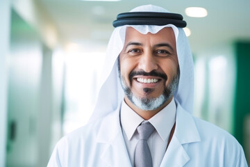 Close up portrait of a smiling senior adult arabian doctor, standing in the hospital corridor in blur - 721896151