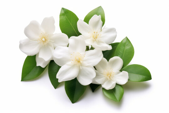 Jasmine white flowers with leaves on a white background