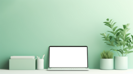 Workspace with laptop with blank white screen for mock up and potted houseplants on a light mint background