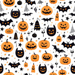 Seamless pattern illustration of Halloween decorations, ghosts, bats, spiders on a  white background