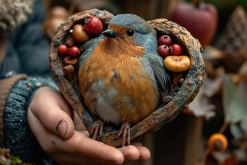 Close-up of a person crafting a heart-shaped bird feeder for a backyard oasis - obrazy, fototapety, plakaty