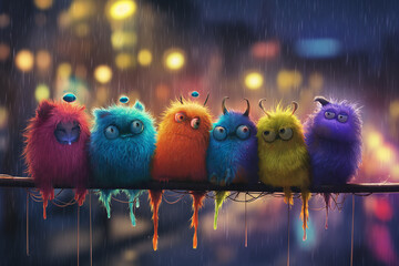 A group of cute colorful alien monsters stuck together under the heavy rain in the city. A rainy night with fog - 721896556
