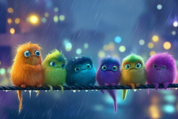 A group of cute colorful alien monsters stuck together under the heavy rain in the city. A rainy night with fog - obrazy, fototapety, plakaty