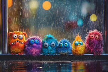 A group of cute colorful alien monsters stuck together under the heavy rain in the city. A rainy night with fog - 721896795