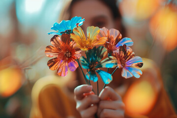 A woman with a blurred face holding colorful flowers made of mirrors in her hands - 721896967