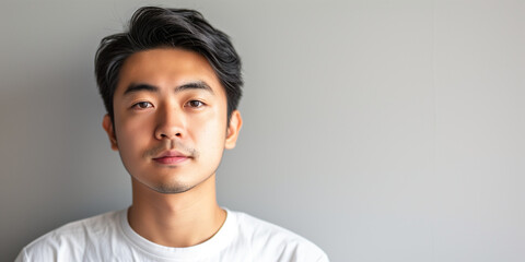 Portrait of a young Asian man with a subtle expression, against a soft grey background
