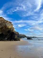 Cloudy ocean view, rocky ocean coast, ocean bay