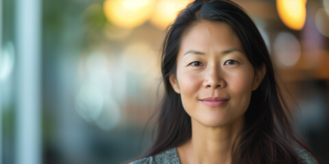 Serene Asian woman with a gentle smile, soft bokeh lights creating a warm, inviting ambiance
