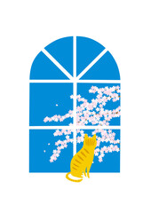 部屋の窓から桜の花を見ている茶トラネコ