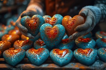 Fototapeta premium Close-up of hands crafting personalized heart-shaped polymer clay trinkets