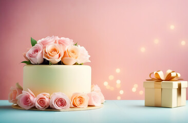 Delicate creamy cake, decorated with pink roses, next to it is a gift box tied with a ribbon. With space for text.