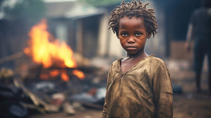 Portrait of an unhappy homeless child from a poor area. - obrazy, fototapety, plakaty