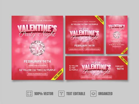 Valentine&rsquo;s Party Night Social Media Kit Design with Text Effect and Pink Red Gradient Background.