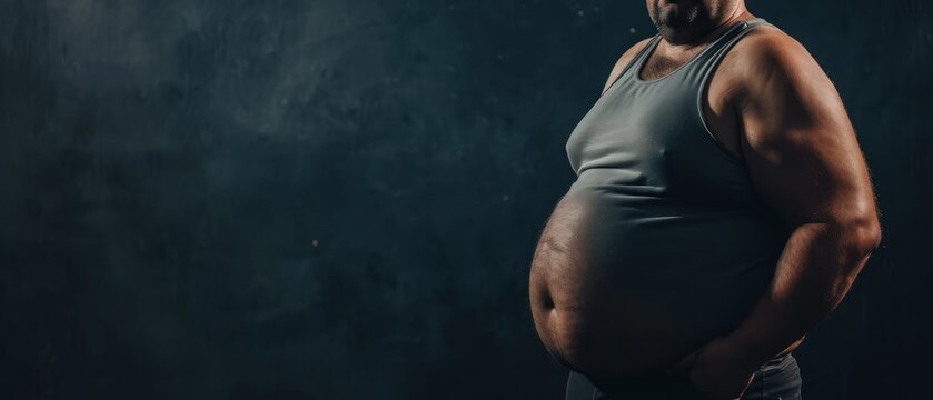 Pregnant woman with big belly on black background, copy space. Overweight and obesity concept. Obesity Concept with Copy Space.