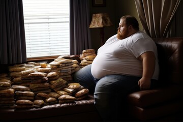 Overweight man sitting on sofa with stack of breads in background. Overweight and obesity concept. Obesity Concept with Copy Space.