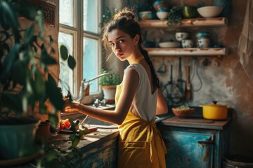 Woman in yellow apron at kitchen counter. - obrazy, fototapety, plakaty