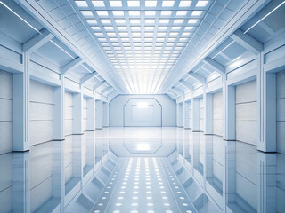 Obraz premium White Futuristic Interior with Glass Architecture and Digital Design in a Metal Tunnel with Technology Lighting