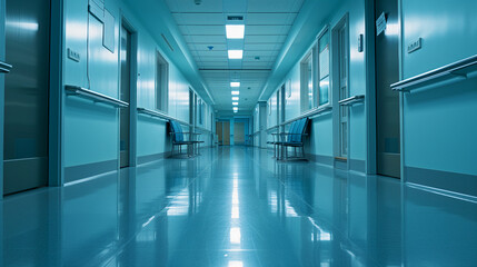 Fototapety  long well lit hospital corridor hallway, shiny floor with seats modern healthcare