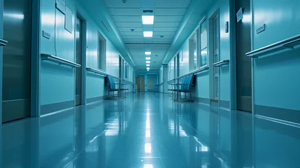 Fotobehang long well lit hospital corridor hallway, shiny floor with seats modern healthcare © SachiDesigns