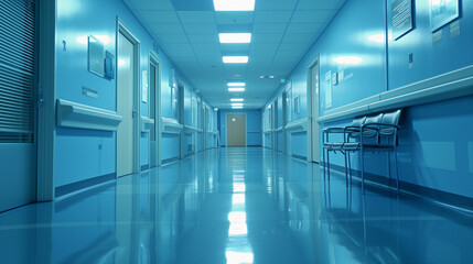 Naklejka na ściany i meble long well lit hospital corridor hallway, shiny floor with seats modern healthcare
