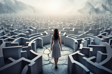 A 3D portrayal of a businesswoman facing the complexity of decision-making paths, showcasing...