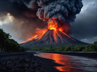Photo of the environmental disaster of the eruption of the volcano. Smoke, ash, lava flows from the crater