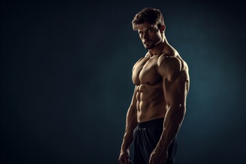 Fototapeta na wymiar Handsome Caucasian muscled bearded bodybuilder man posing against black background with copy space