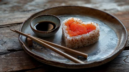 Fotobehang love heart shaped shushi roll for the passion and love of japanese sushi maki foor or fine dining © sizsus