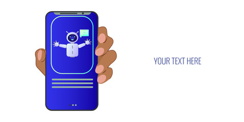 Chatbot assistant form robot with ai 3d. Cute friendly bot neural network. Hand holding the phone. Website design of social networking applications. Vector illustration.