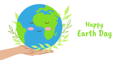 Earth Day cute funny character white background. Planet Earth on your hand. Decorated with leaves and branches. Banner, Poster, Postcard Design. Vector.