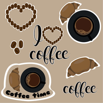 Coffee-themed stickers. Vector elements isolated with white outline in brown and beige colors for printing and design, for cafes, businesses, printing houses