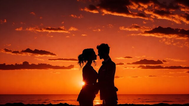 Romantic Sunset Silhouette:AI-generated image prompt featuring a breathtaking sunset silhouette with romantic hues, perfect for expressing love. Copyspace available for customization.