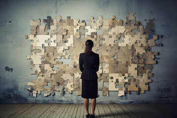 This image portrays a businesswoman facing a big puzzle, highlighting the concept of tackling challenges and strategic planning in corporate settings.