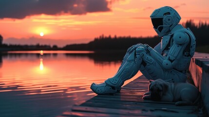 A white humanoid robot sitting on the edge of a wooden pier at sunset, a puppy sleeping next to the robot - obrazy, fototapety, plakaty