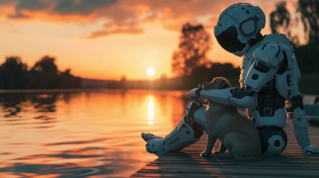 A white humanoid robot sitting on the edge of a wooden pier at sunset, a puppy sleeping next to the robot